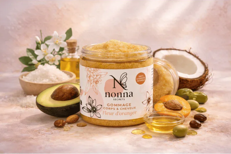 Gommage naturel fleur d'oranger pour corps et cheveux, entouré d'avocat, noix, huile et fleur.