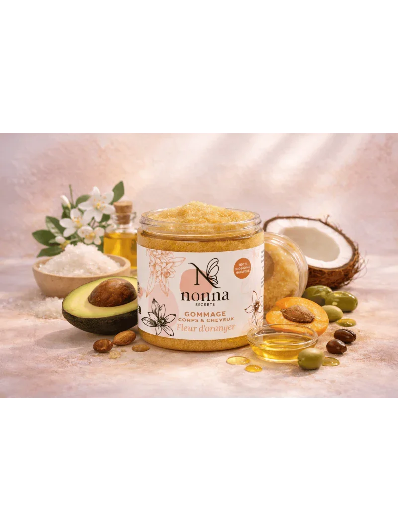 Gommage naturel fleur d'oranger pour corps et cheveux, entouré d'avocat, noix, huile et fleur.