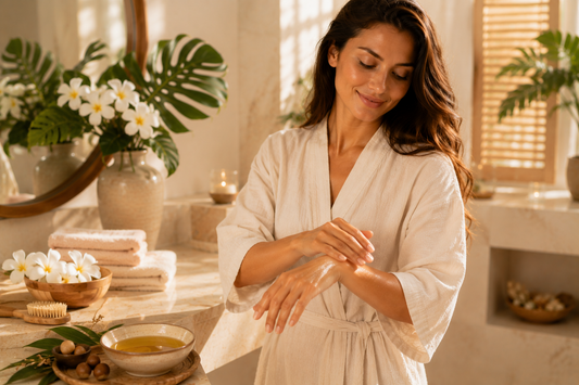 Femme réalisant une routine beauté naturelle dans une salle de bain lumineuse