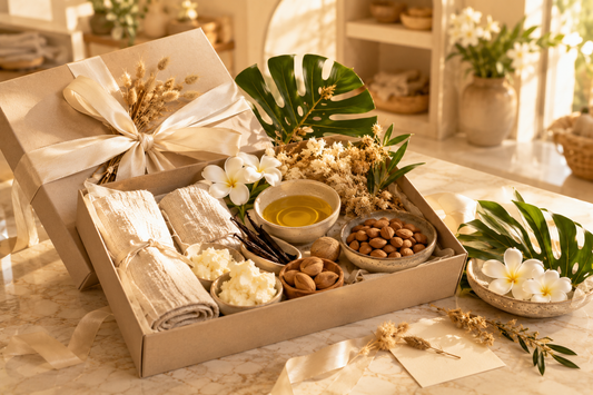 Coffret cadeau de cosmétiques naturels présenté dans un univers élégant avec ingrédients botaniques et accessoires de bien-être inspirés de l'art de vivre français.