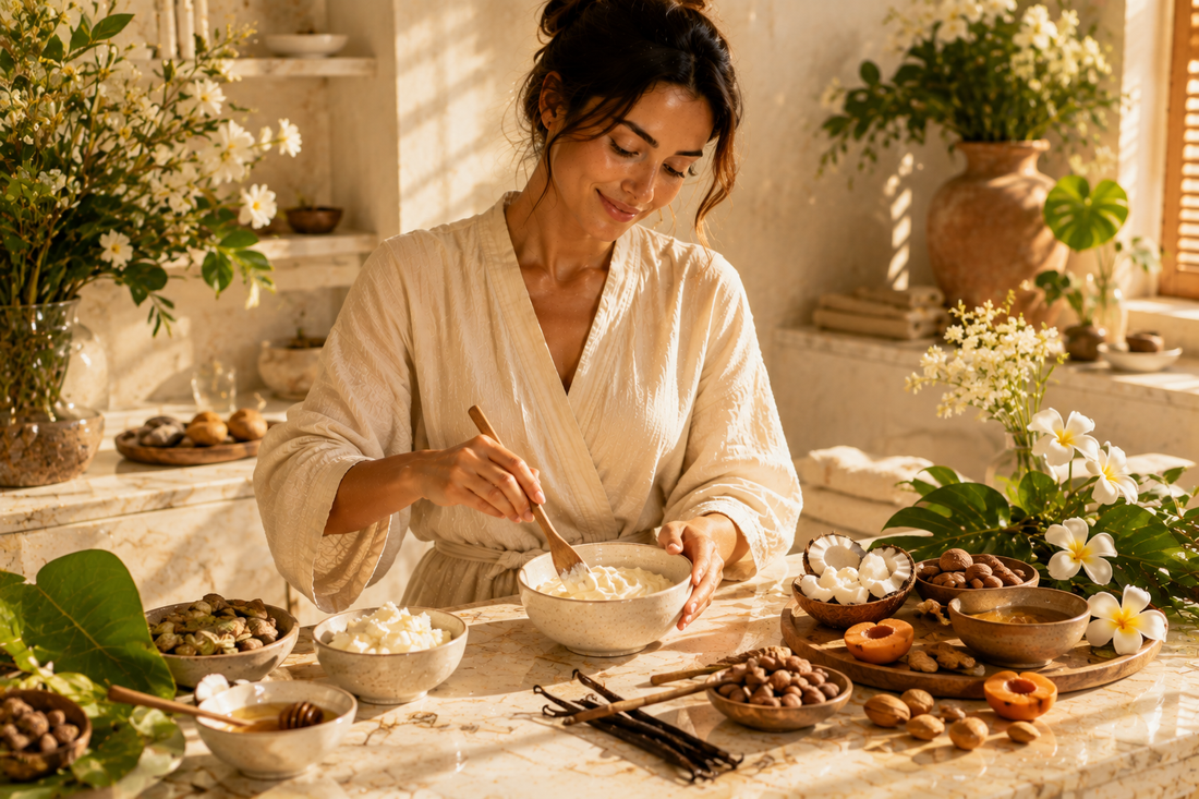 Ingrédients naturels inspirant des cosmétiques gourmands présentés dans un univers de soin premium à la française.