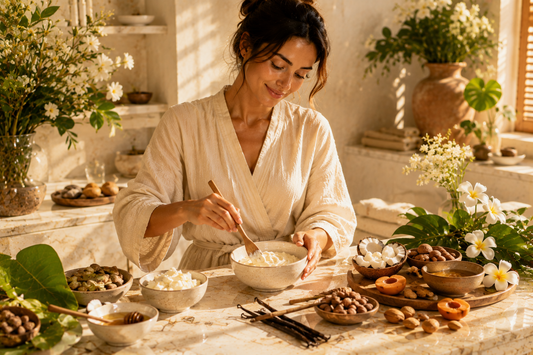 Ingrédients naturels inspirant des cosmétiques gourmands présentés dans un univers de soin premium à la française.