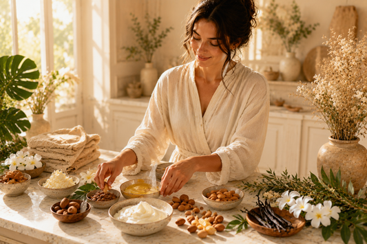 Femme réalisant un rituel de beauté naturelle dans un espace élégant inspiré du savoir-faire français, entourée d'ingrédients botaniques et d'accessoires artisanaux.