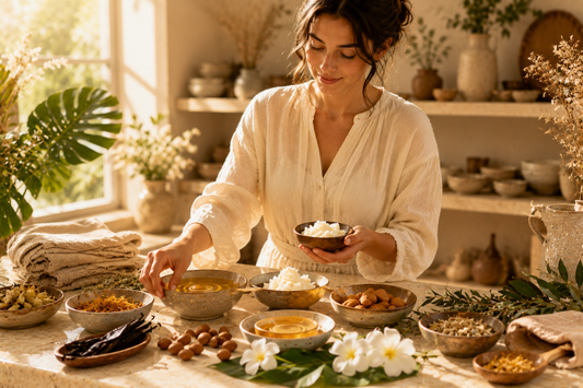 Femme comparant des ingrédients naturels dans un espace bien-être élégant illustrant le choix d'une marque française de cosmétiques naturels.