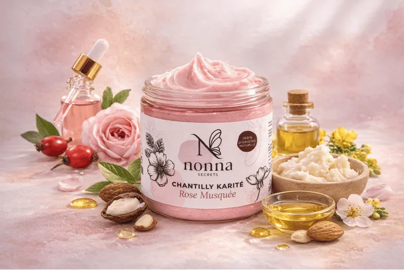 Pot de chantilly karité rose musquée avec huiles, noix et fleurs décoratives