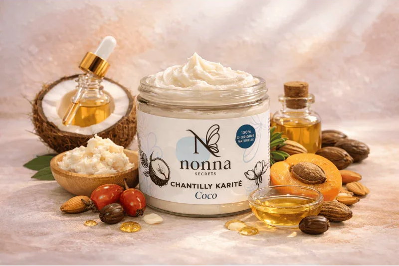 Crème chantilly karité coco en pot, entourée d'ingrédients naturels comme noix de coco, huiles et amandes.